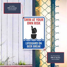 Load image into Gallery viewer, Sign Crush 'SWIM AT YOUR OWN RISK' Heavy Duty Plastic PVC Sign, Large 10x14 Red