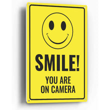 Load image into Gallery viewer, Sign Crush &#39;Smile you are on camera&#39; Heavy Duty Plastic PVC Sign, Large 10x14 Yellow
