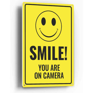 Sign Crush 'Smile you are on camera' Heavy Duty Plastic PVC Sign, Large 10x14 Yellow