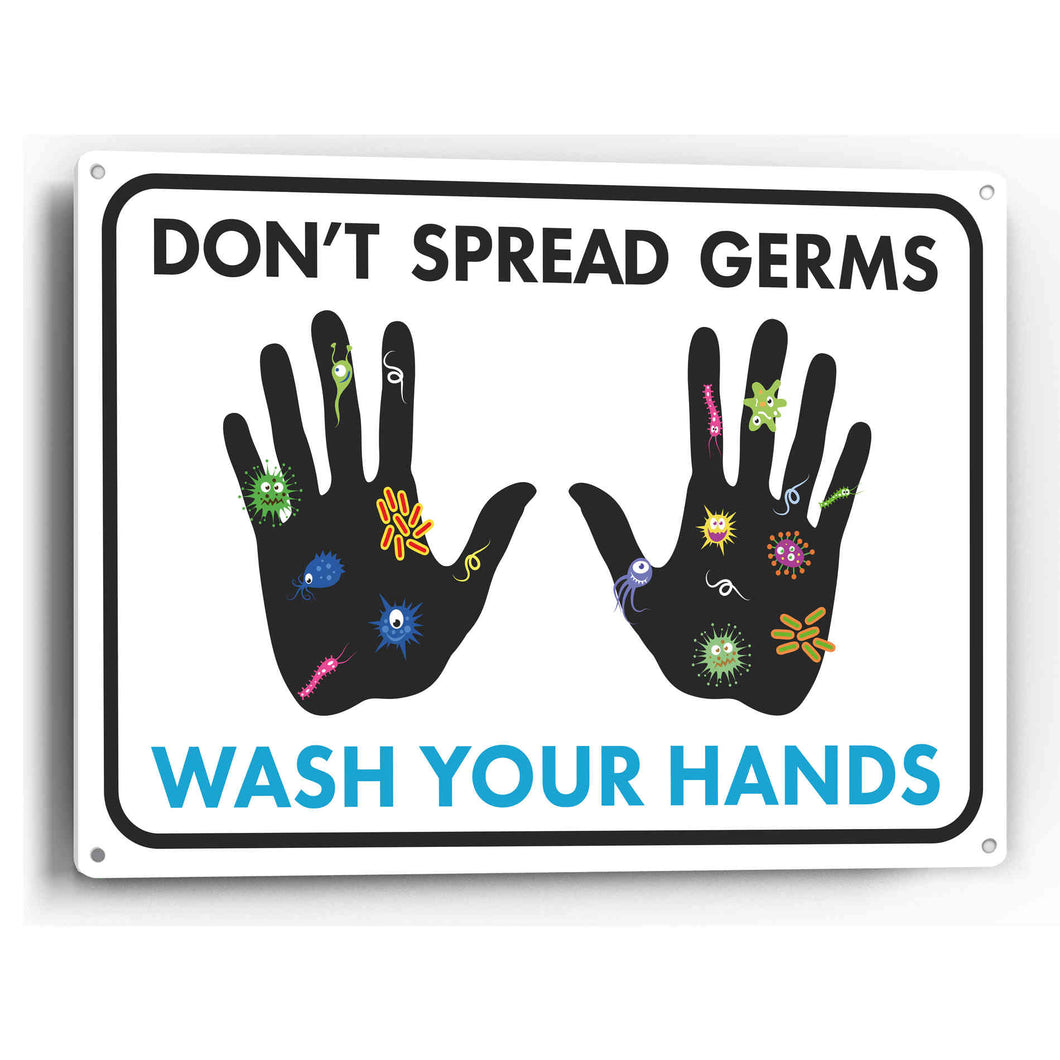 Sign Crush 'Don't Spread Germs, Wash Your Hands' Heavy Duty Plastic PVC Sign, Large 14x10 Black