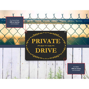 Sign Crush Ornate 'Private Drive' Heavy Duty Plastic PVC Sign, Large 14x10, Black