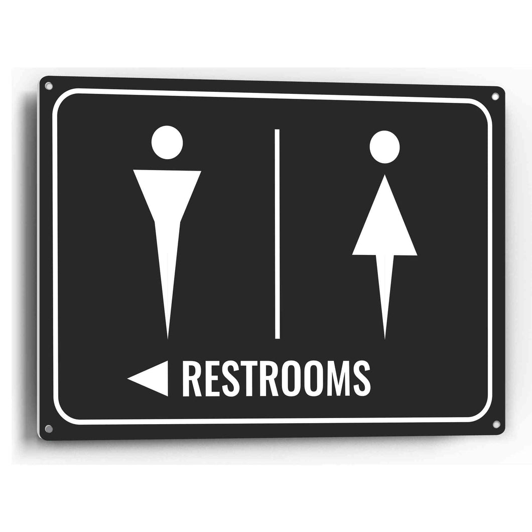 Sign Crush 'Restrooms' Pointing Left Heavy Duty Plastic PVC Sign, Large 14x10, Black