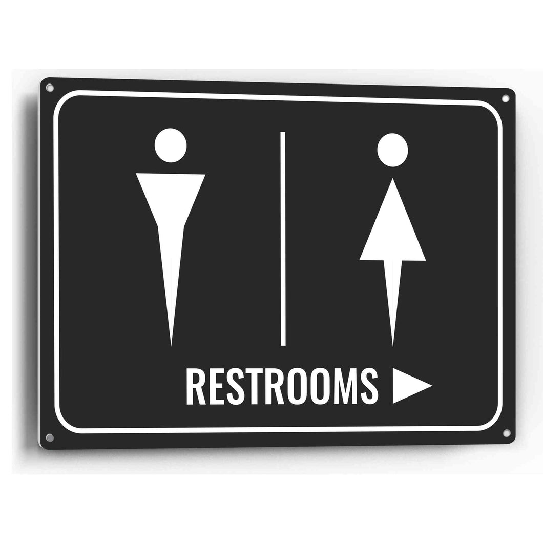 Sign Crush 'Restrooms' Pointing Right Heavy Duty Plastic PVC Sign, Large 14x10, Black